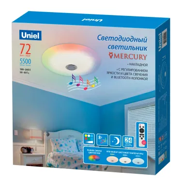 Cветильник светодиодный накладной ULI-D291 72W/SW+RGB/50 MERCURY Диммируемый Пульт ДУ (в/к) Встроенная Bluetooth колонка Теплый свет (3000К) /(4000К)/ Дневной свет(6500К)/ RGB 5700 Лм