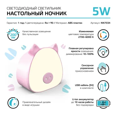 Светильник ночник настольный 5 Вт 200 лм 2700-6000К DC 5В Розовый IP20 112х54х109мм с Li-ion акк 1200мА диммируемый Qplus Gauss