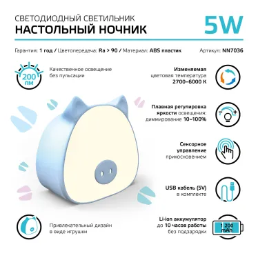 Светильник ночник настольный 5 Вт 200 лм 2700-6000К DC 5В Голубой IP20 112х54х109мм с Li-ion акк 1200мА диммируемый Qplus Gauss