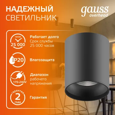 Светильник светодиодный ДБО 12 Вт 900 лм 3000К AC 220В Черный IP20 D79х100мм Алюминий Overhead Gauss