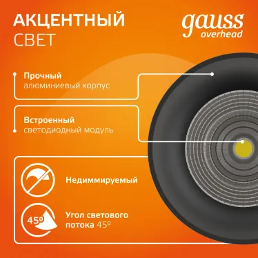 Светильник светодиодный ДБО 12 Вт 900 лм 3000К AC 220В Черный IP20 D79х100мм Алюминий Overhead Gauss