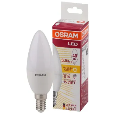 Лампа светодиодная LED 5.7Вт E14 LS CLB40 теплый, матовая свеча Osram