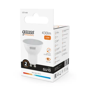 Лампа светодиодная LED 5.5 Вт 430 лм 3000К софит MR16 теплый GU10 AC 220В Elementary Gauss