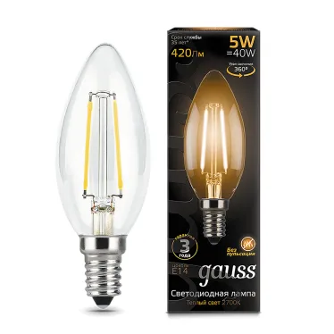 Лампа светодиодная филаментная LED 5 Вт 420 лм 2700К свеча теплый E14 AC 220В прозрачная колба Black Filament Gauss