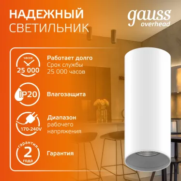 Светильник светодиодный ДБО 12 Вт 900 лм 3000К AC 220В Белый IP20 D79х200мм Алюминий Overhead Gauss