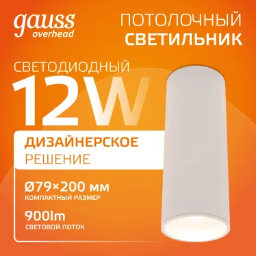 Светильник светодиодный ДБО 12 Вт 900 лм 3000К AC 220В Белый IP20 D79х200мм Алюминий Overhead Gauss