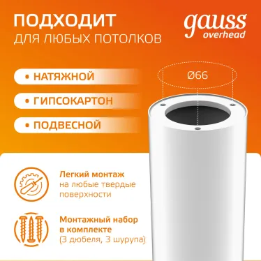 Светильник светодиодный ДБО 12 Вт 900 лм 3000К AC 220В Белый IP20 D79х200мм Алюминий Overhead Gauss