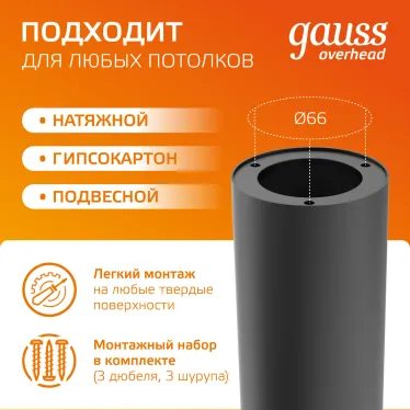 Светильник светодиодный ДБО 12 Вт 900 лм 3000К AC 220В Черный IP20 D200х200мм Алюминий Overhead Gauss