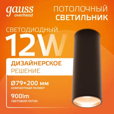 Светильник светодиодный ДБО 12 Вт 900 лм 3000К AC 220В Черный IP20 D200х200мм Алюминий Overhead Gauss