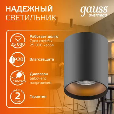 Светильник светодиодный ДБО 12 Вт 900 лм 3000К AC 220В Черный IP20 D100х100мм Алюминий Overhead Gauss
