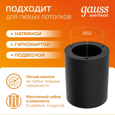 Светильник светодиодный ДБО 12 Вт 900 лм 3000К AC 220В Черный IP20 D100х100мм Алюминий Overhead Gauss