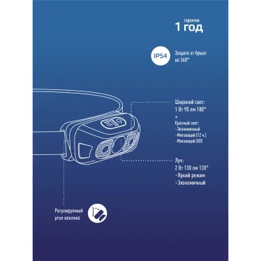 Фонарь налобный аккум/2ВтLED+1ВтSMDLED+красный/Li-ion 14500 500mAh/ABSпл/USB-шнур