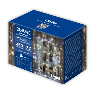 Занавес ULD-C6030-450/TTK WARMWHITE-WHITE IP44 светодиодный с эффектом мерцания, 6х3м. Соединяемый. 450 светодиодов. Теплый белый и . Провод прозрачный.