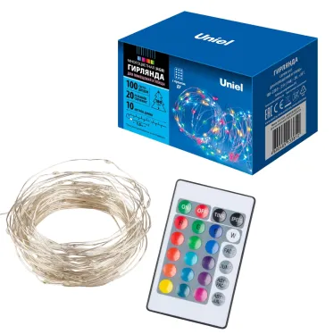 Гирлянда светодиодная 10м 100 светодиодов RGB свет Пульт ДУ (в/к) Провод прозрачный ULD-S1000-100/DTA/RC RGB IP44
