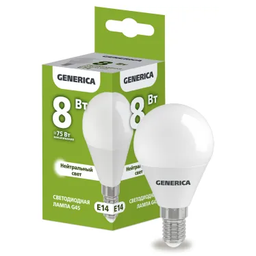 Лампа светодиодная G45 шар 8Вт 230В 4000К E14 GENERICA