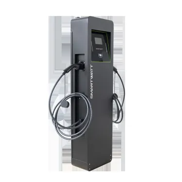 Зарядная станция для электромобиля EVC, 44 кВт, коммерческая OCPP 1.6J, переменный ток, 3 фазы 380В, два поста по 22 кВт 32 А, кабели по 5 метров, коннекторы GBT и Type2, IP54, черная ст ойка