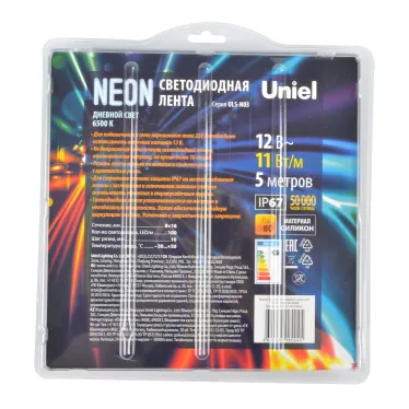Светодиодная гибкая герметичная лента. NEON ULS-N03-2835-100LED/m-8мм-IP67-DC12V-11W/m-5м-6500K катушка 5м в блистере дневной 6500K