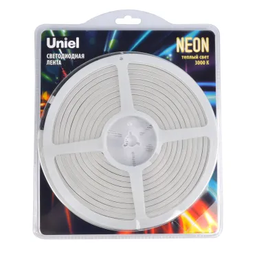 Светодиодная гибкая герметичная лента. NEON ULS-N03-2835-100LED/m-8mm-IP67-DC12V-11W/m-5M-3000K катушка 5м в блистере теплый белый свет 3000K