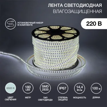 Лента LED профессиональная 220В, 6.5x17мм, IP67, SMD 2835, 180 LED/м, белый, 100м
