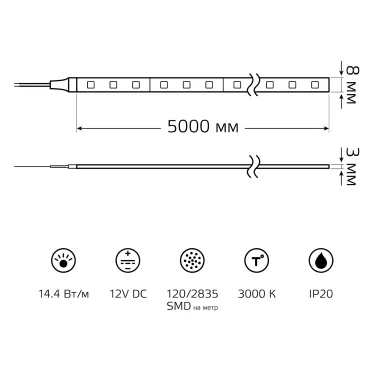 Лента светодиодная LED 2835/120-SMD 14.4 Вт/м 1400 лм/м 3000К DC 12В IP20 8мм (блистер 5м) Basic Gauss