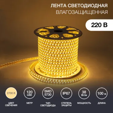 Лента LED уличная 220В, 6.5x17мм, IP67, SMD 5730, 120 LED/м, Теплый белый, 100м