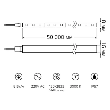 Лента светодиодная неоновая LED 2835/120-SMD 8 Вт/м 200 лм/м 3000К AC 220В IP67 8мм NEON (катушка 50м) Black Gauss