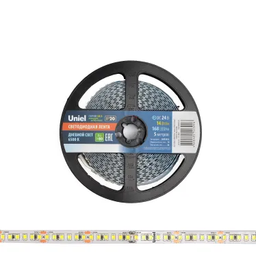 Лента гибкая светодиодная на самоклеящейся основе. ULS-2835-168LED/m-10мм-IP20-DC24V-14W/m-5м-6500K Катушка 5 м. в герметичной упаковке. (6500K).