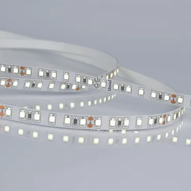 Гибкая светодиодная лента на самоклеящейся основе. ULS-2835-120LED/m-8mm-IP20-DC24V-9,6W/m-5M-6500K Катушка 5 м. в герметичной упаковке. Дневной белый свет (6500K). ТМ Uniel.