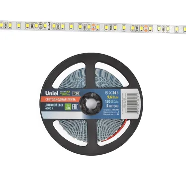 Гибкая светодиодная лента на самоклеящейся основе. ULS-2835-120LED/m-8mm-IP20-DC24V-9,6W/m-5M-6500K Катушка 5 м. в герметичной упаковке. Дневной белый свет (6500K). ТМ Uniel.