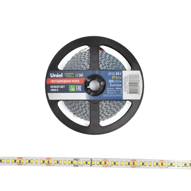 Гибкая светодиодная лента на самоклеящейся основе. ULS-2835-180LED/m-10mm-IP20-DC24V-17W/m-5M-4000K Катушка 5м. в герметичной упаковке. Белый свет(4000К). ТМ Uniel