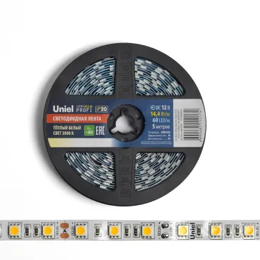 Лента гибкая светодиодная на самоклеящейся основе. ULS-M25-5050-60LED/m-10мм-IP20-DC12V-14,4W/m-5м-3000K PROFI Катушка 5м. в герметичной упаковке. Теплый (3000К).