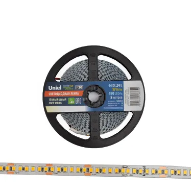 Гибкая светодиодная лента на самоклеящейся основе. ULS-2835-180LED/m-10mm-IP20-DC24V-17W/m-5M-3000K Катушка 5м. в герметичной упаковке. Теплый белый свет(3000К). ТМ Uniel