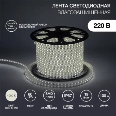 Лента LED уличная 220В, 6.5x13мм, IP67, SMD 5730, 60 LED/м, белый, 100м