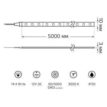 Лента светодиодная LED 5050/60-SMD 14.4 Вт/м 510 лм/м 3000К DC 12В IP20 8мм (ZIP bag 5м) Elementary Gauss