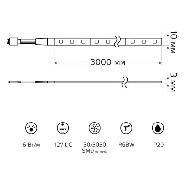 Лента светодиодная LED 5050/30RGB+30W-SMD 6 Вт/м 390 лм/м RGBW DC 12В IP20 10мм комплект лента и драйвер (блистер 3м) Basic Gauss