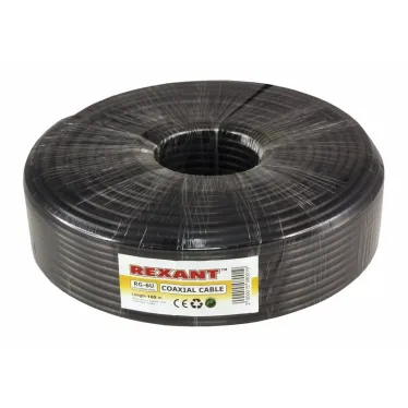 Кабель коаксиальный RG-6U+Cu, 75 Ом, Cu/Al/Cu, 64%, бухта 100 м, черный OUTDOOR, REXANT