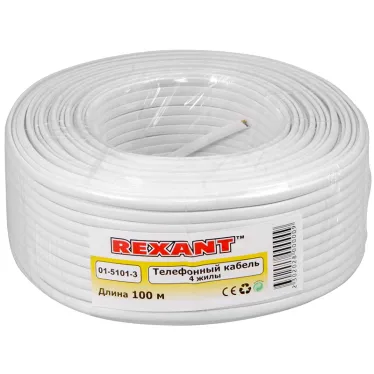 Телефонный кабель ШТЛП 4 жилы CCA, белый, 100м, REXANT