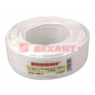 Телефонный кабель ШТЛП 2 жилы Cu, белый, бухта 100м | 01-5001 | REXANT