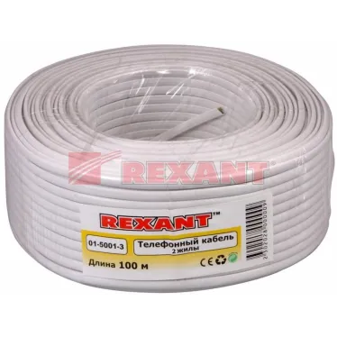 Телефонный кабель ШТЛП 2 жилы CCA, белый, бухта 100м | 01-5001-3 | REXANT