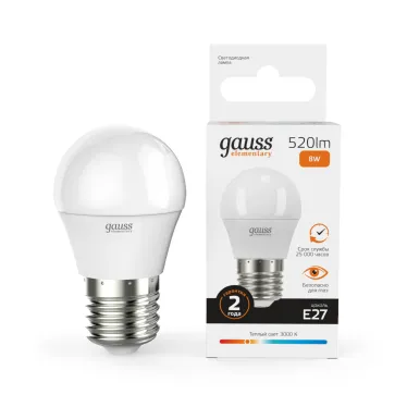 Лампа светодиодная LED 8 Вт 520 лм 3000К шар P45 теплый E27 AC 220В Elementary Gauss