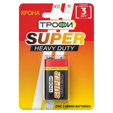 Батарейка солевая (ЭП) 6F22-1BL (12/96/5760) (Крона)  | Б0023144 | ТРОФИ
