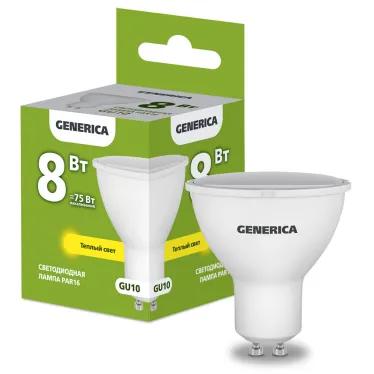 Лампа светодиодная PAR16 софит 8Вт 230В 3000К GU10 GENERICA