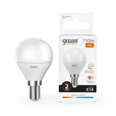 Лампа светодиодная LED 10 Вт 710 лм 3000К шар P45 теплый E14 AC 220В Elementary Gauss
