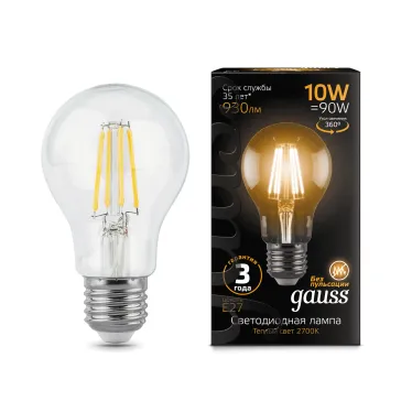 Лампа светодиодная филаментная LED 10 Вт 930 лм 2700К А60 груша теплый E27 AC 220В прозрачная колба Black Filament Gauss