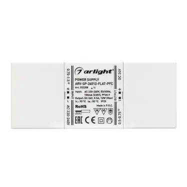 Блок питания ARV-SP-24012-FLAT-PFC (24V, 0.5A, 12W) (, IP20 Пластик, 5 лет)