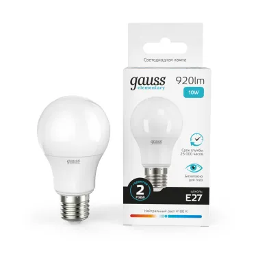 Лампа светодиодная LED 10 Вт 920 лм 4100К А60 груша нейтральный E27 AC 220В Elementary Gauss