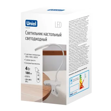 Светильник настольный светодиодный прищепка Сенсорный выключатель ULM-D605 4W/3000-6000K/DIM WHITE Диммер Белый