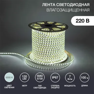 Лента LED 220В, 6.5x17мм, IP67, SMD 5730, 120 LED/м, белый, 100м