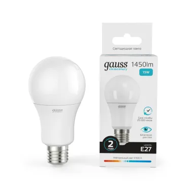 Лампа светодиодная LED 15 Вт 1450 лм 4100К А60 груша нейтральный E27 AC 220В Elementary Gauss
