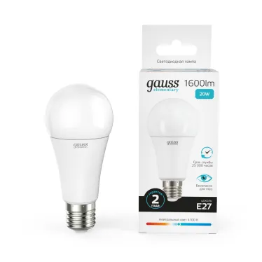 Лампа светодиодная LED 20 Вт 1600 лм 4100К А60 груша нейтральный E27 AC 220В Elementary Gauss